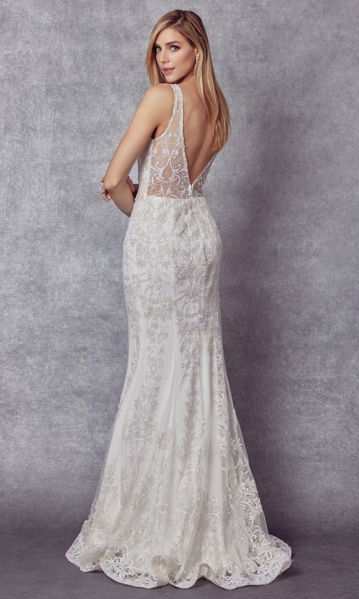 Glitter-Lace Long White Prom Dress 277W