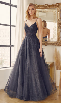 A woman stands indoors by a large window and ornate mirror, wearing the Embroidered Glitter-Tulle Long Prom Ball Gown 251 with a fitted bodice and full skirt.