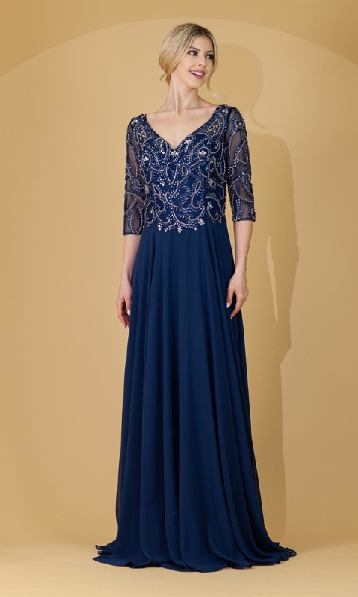 Long Formal Dress with Three-Quarter Sleeves Rosy Brown / 10