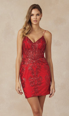 A woman stands against a neutral background wearing the Sheer-Corset Short Glitter Hoco Dress: Juliet 874—a sleeveless, fitted red mini dress with thin straps and a v-neckline.