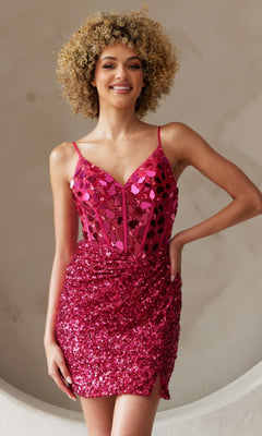Short Sequin Homecoming Dress with Lace-Up Corset Pink / 4