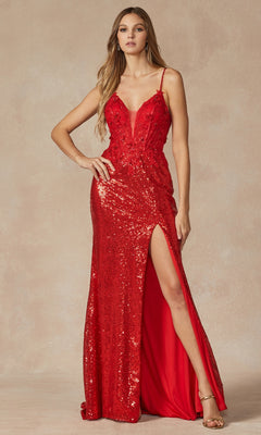 A woman in the Embroidered-Corset Long Sequin Prom Dress 289, featuring a red hue, thigh-high slit, spaghetti straps, and strappy heels, stands against a neutral background.