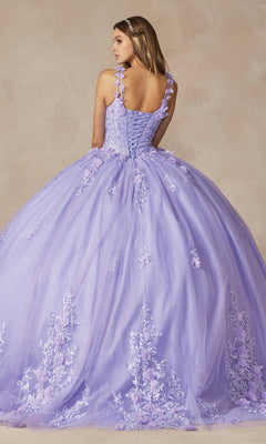 A woman stands with her back to the camera in the Juliet 1437 Lilac Purple Quinceañera Dress, featuring beaded embroidery, floral details, and a lace-up back against a neutral background.