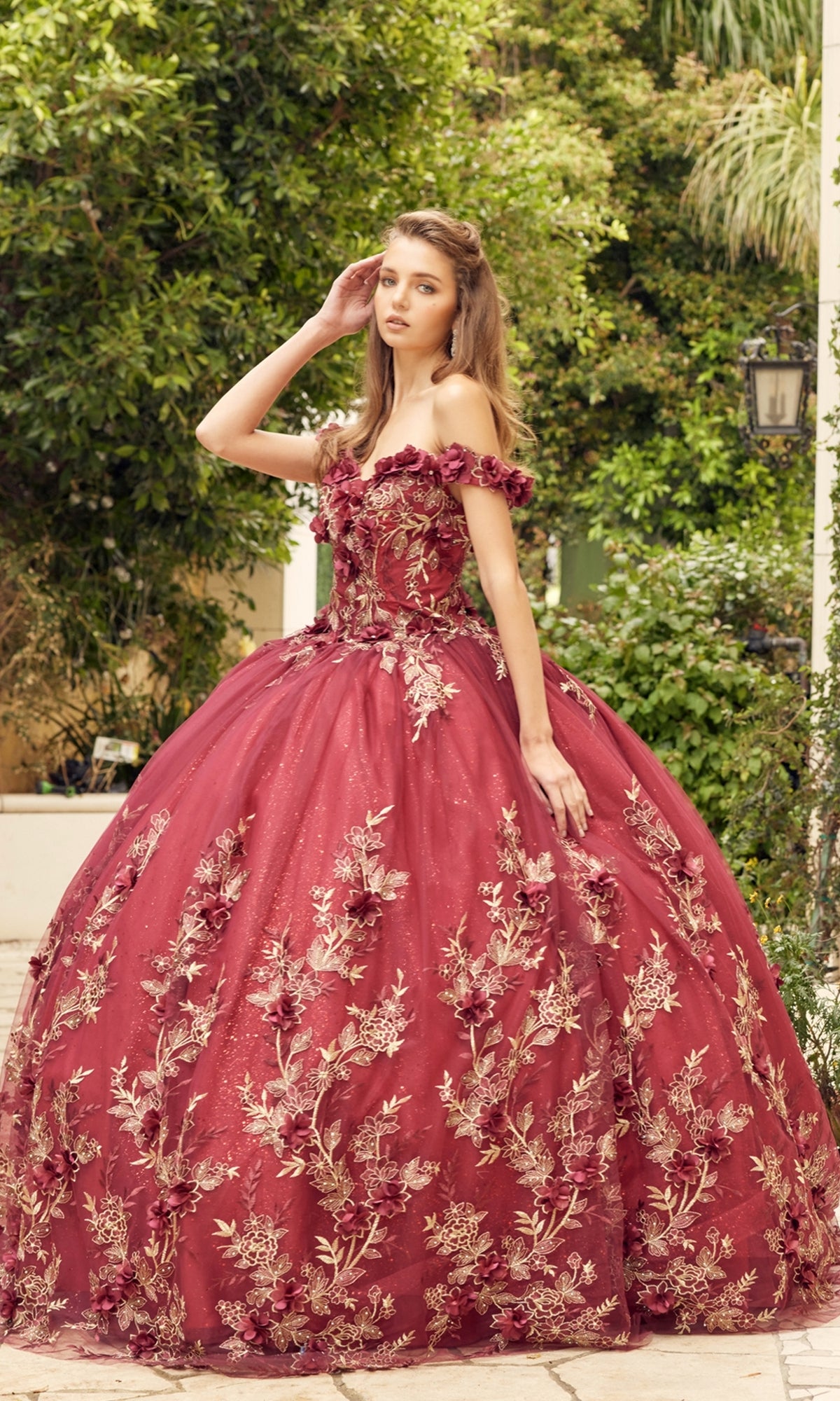 Off-the-Shoulder Glitter Quince Ball Gown