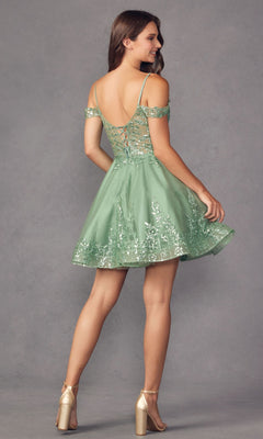 A woman stands in high heels against a plain gray backdrop, wearing the Glitter-Print Short Babydoll Homecoming Dress 903.