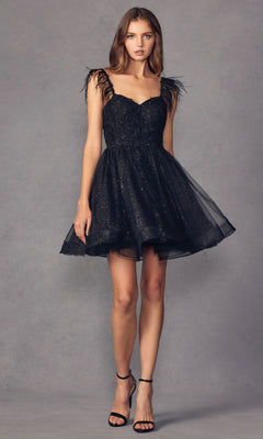 A woman models the Short Babydoll Homecoming Dress with Feathers 881, featuring a glitter finish, feathered shoulder accents, and black high-heeled sandals, set against a plain gray background.