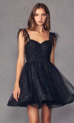 A woman wears the Short Babydoll Homecoming Dress with Feathers 881, featuring glitter, feathered straps, an embroidered sweetheart bodice, and a tulle skirt, standing before a plain gray background.