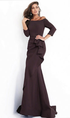 A woman wearing the Jovani Mother-of-the-Bride Long Formal Dress 00446 in plum—an off-the-shoulder, floor-length evening gown featuring three-quarter sleeves and ruffle detail—stands against a white background.