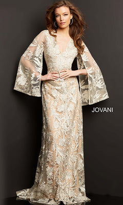A woman poses against a dark background in the Embroidered Long Formal Gown 00752, featuring sheer cream-colored lace, wide long sleeves, and elegant floral embroidery throughout.