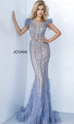 Long Light Blue Beaded Formal Dress with Feathers PromGirl Long Light Blue Beaded Formal Dress with Feathers PromGirl