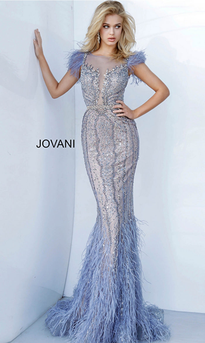 Jovani Light Blue Feather Long Pageant Dress 02326