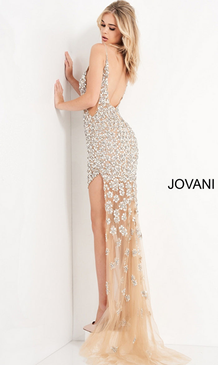 Jovani Long Nude Beaded Sheer Prom Dress 02492