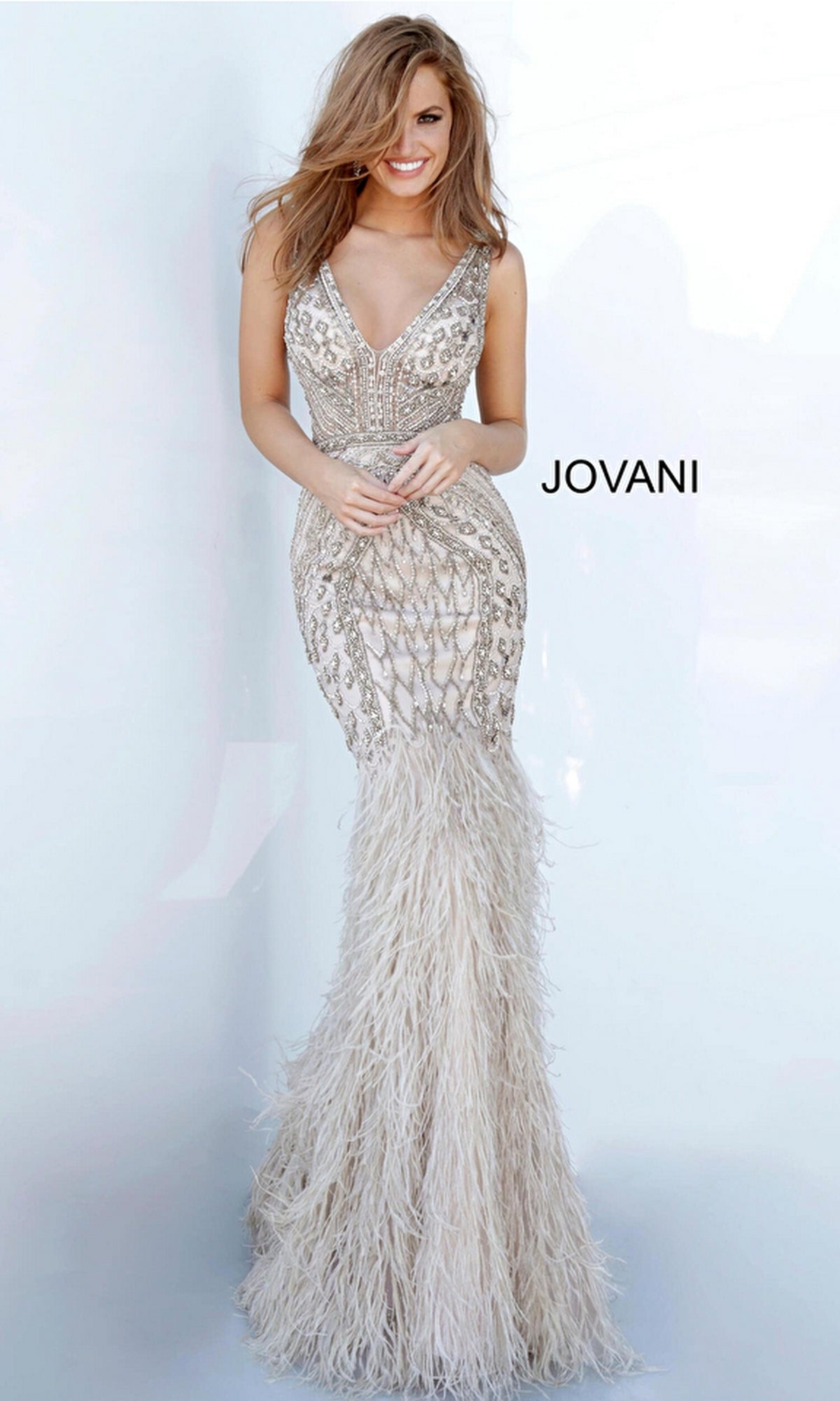 Jovani Feather Long Silver Beaded Prom Dress 02798