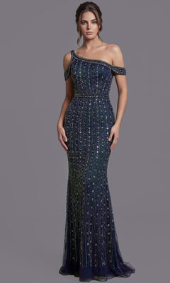 A woman wearing the Jovani Asymmetrical Beaded Long Formal Dress 03124 in navy, a floor-length, one-shoulder gown adorned with sequin embellishments, stands against a plain gray background.