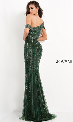 Woman in a fitted, off-the-shoulder, floor-length green Jovani Asymmetrical Beaded Long Formal Dress 03124 with sequin embellishments stands against a white background. "JOVANI" appears on the right.