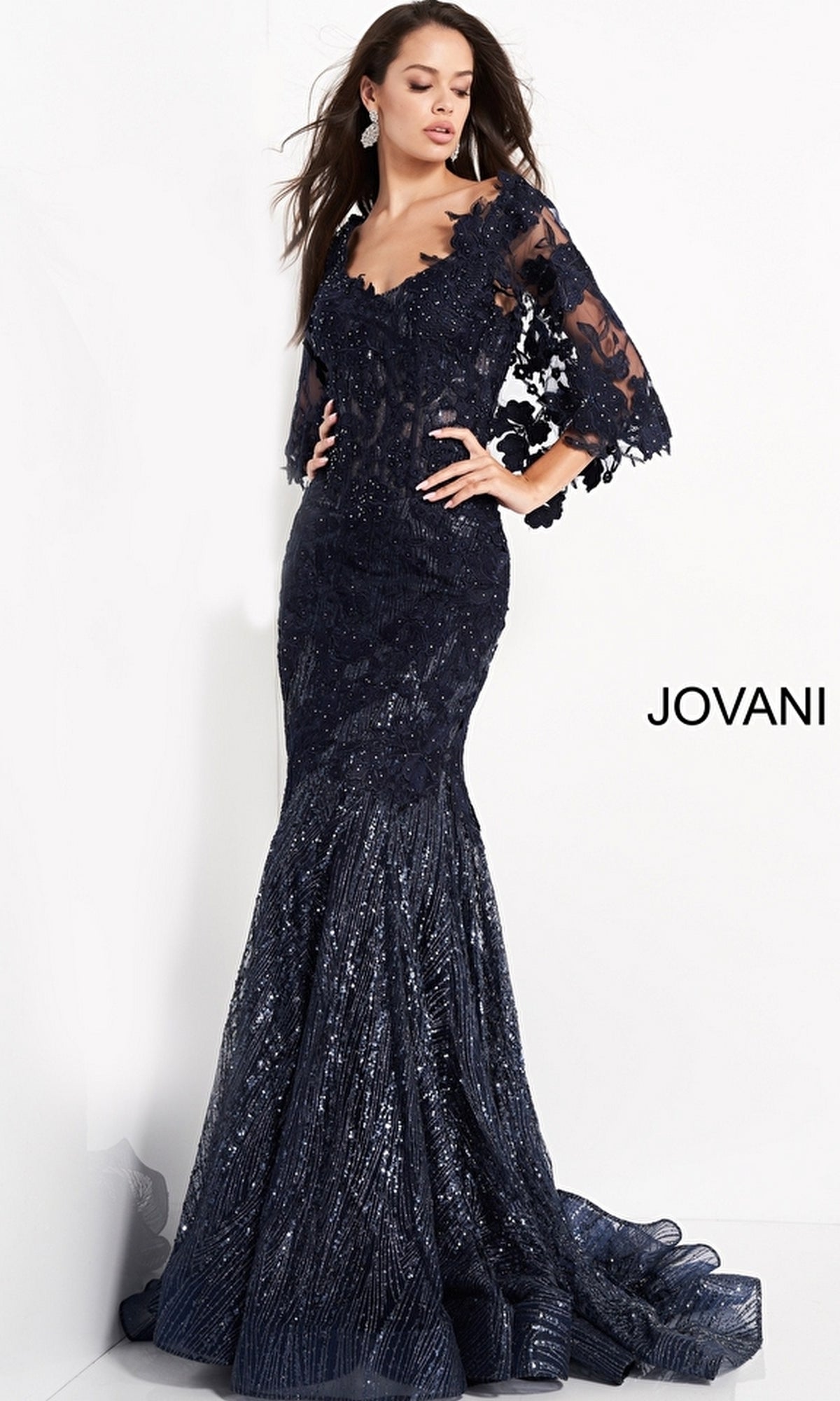 Jovani Caped Long Sequin-Lace Prom Dress 03158