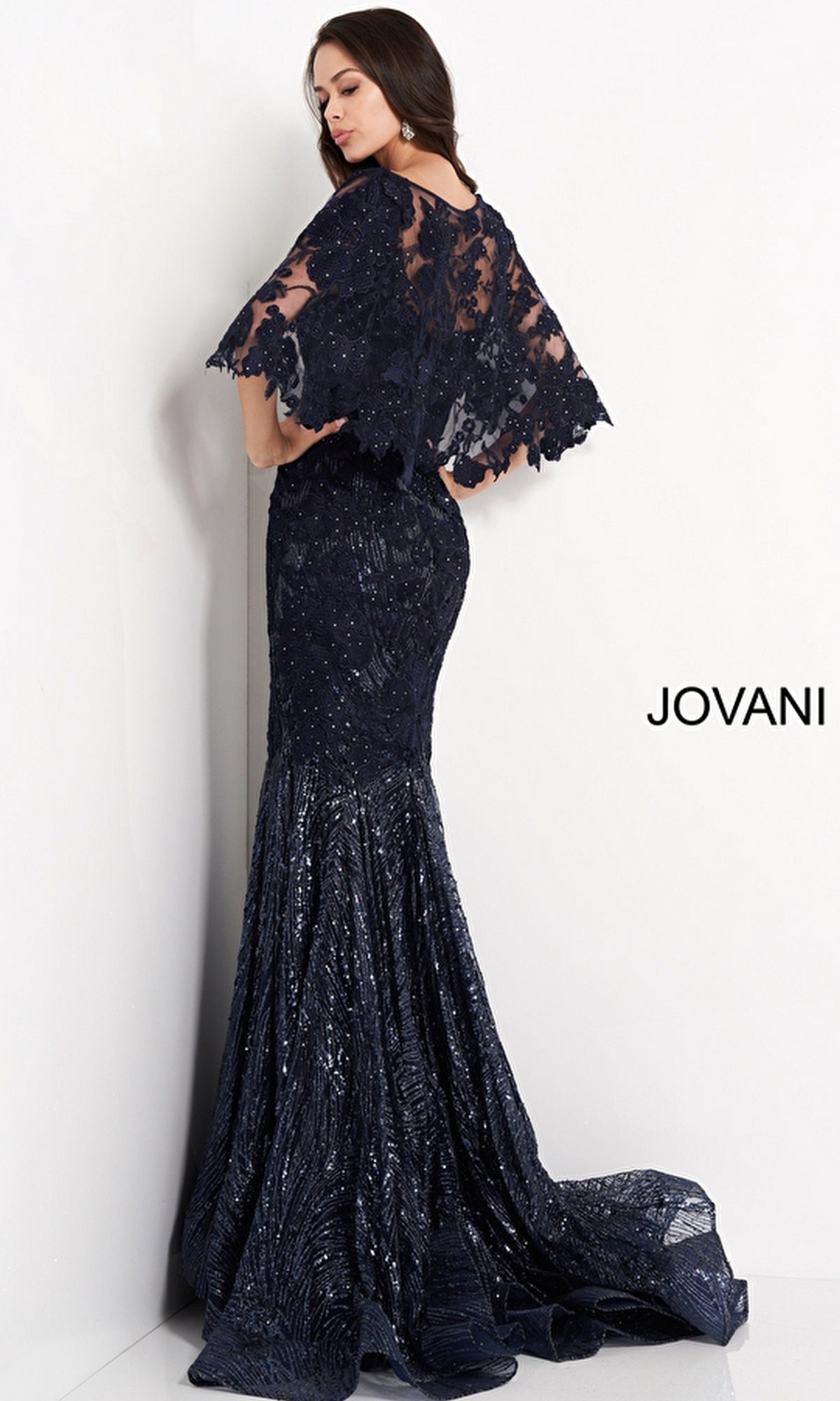 Jovani Caped Long Sequin-Lace Prom Dress 03158