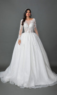 A woman stands against a plain gray background wearing the Long Wedding Dress 0325 by Dancing Queen, an off-white gown featuring long sleeves, floral lace appliques, and an elegant A-line skirt.