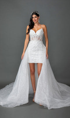 The woman is wearing the Long Wedding Dress 0329 by Dancing Queen in off white, featuring a sheer bodice with spaghetti straps, a short inner skirt, and an outer tulle train embellished with delicate floral lace appliques. She stands against a plain gray background.