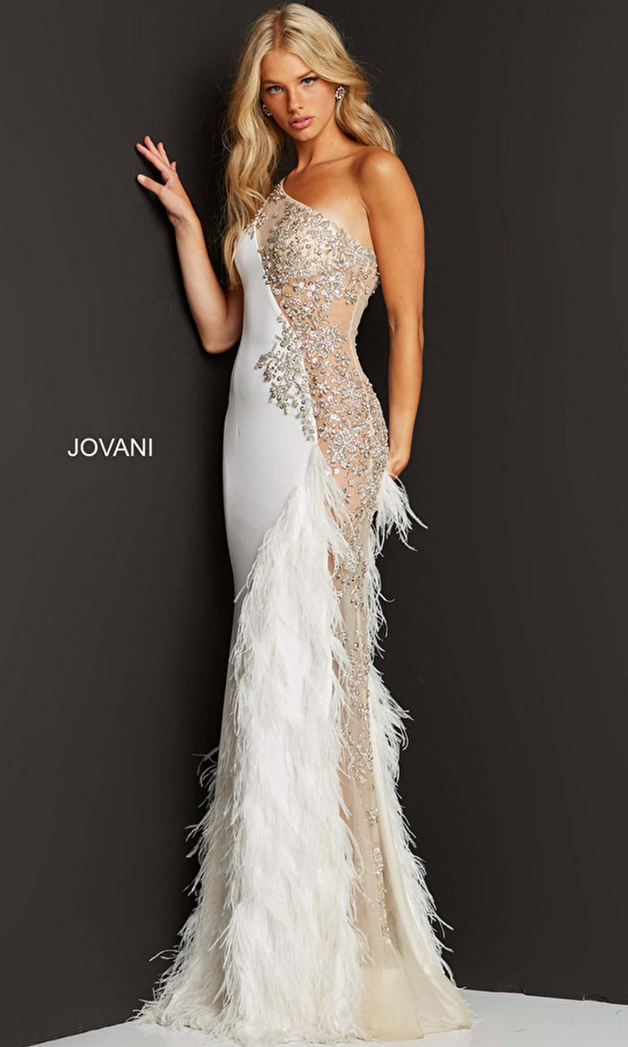 Jovani Long Sheer Feather Pageant Dress 03389