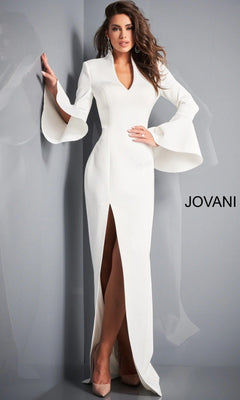 A woman wearing the Jovani 04240 Long Formal Dress, featuring flared bell sleeves and a front slit, stands against a gray wall with “JOVANI” displayed on the right side.