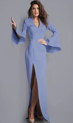 A woman stands against a plain gray background wearing the Jovani 04240 long formal dress in light blue, featuring flared bell sleeves and a thigh-high slit.