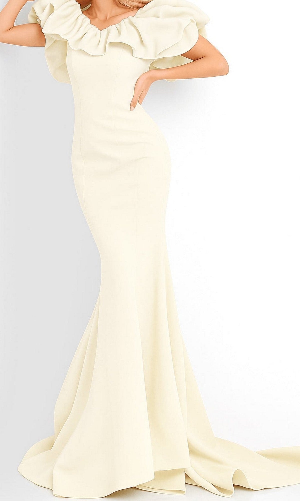 A person wearing the Jovani 04368 Off-Shoulder Long Mermaid Prom Dress in off-white, featuring dramatic ruffled sleeves, stands against a plain background.