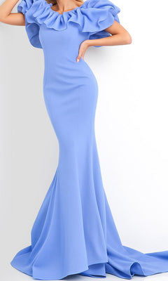 A woman models the Jovani 04368 Off-Shoulder Long Mermaid Prom Dress in light blue, featuring a dramatic ruffled off-the-shoulder neckline, while posing against a plain white background.