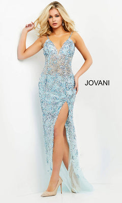 A woman wearing the Long Prom Dress by Jovani 05872—light blue, beaded, with a high slit and v-neckline—poses against a white background beside the word "JOVANI.