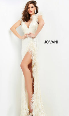 A woman poses against a white background beside the word "Jovani," wearing the Long Prom Dress 06164 by Jovani—a sequin formal gown with feather trim and a high slit.