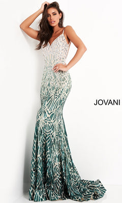 A woman poses in the Jovani 06450 Sequin-Print Long Prom Dress, a sleeveless, fitted floor-length gown with a beaded bodice and silver/green patterned skirt, blending elegance with modern style.