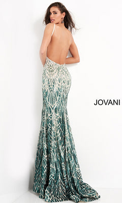 A woman stands against a white background in the Jovani 06450 Sequin-Print Long Prom Dress, a backless, floor-length green and white mermaid gown with thin straps. "JOVANI" text is displayed on the right side.