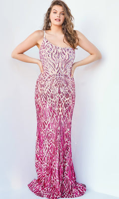 A woman models the Jovani 06469 Ombre Sequin-Print Prom Gown, a sleeveless, fitted pink and white dress with an intricate geometric pattern, standing against a plain white background.