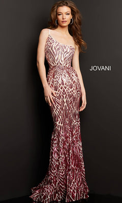 A woman poses against a black background with "JOVANI" on the wall, wearing the Jovani 06469 Ombre Sequin-Print Prom Gown, a floor-length, sleeveless dress featuring a sparkling geometric red and silver pattern.