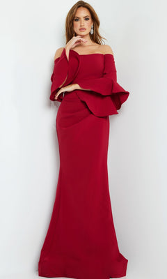 A woman poses against a white background wearing the Jovani 07065 Bell-Sleeve Designer Evening Gown, an elegant, off-the-shoulder red dress with flared sleeves and a fitted silhouette.