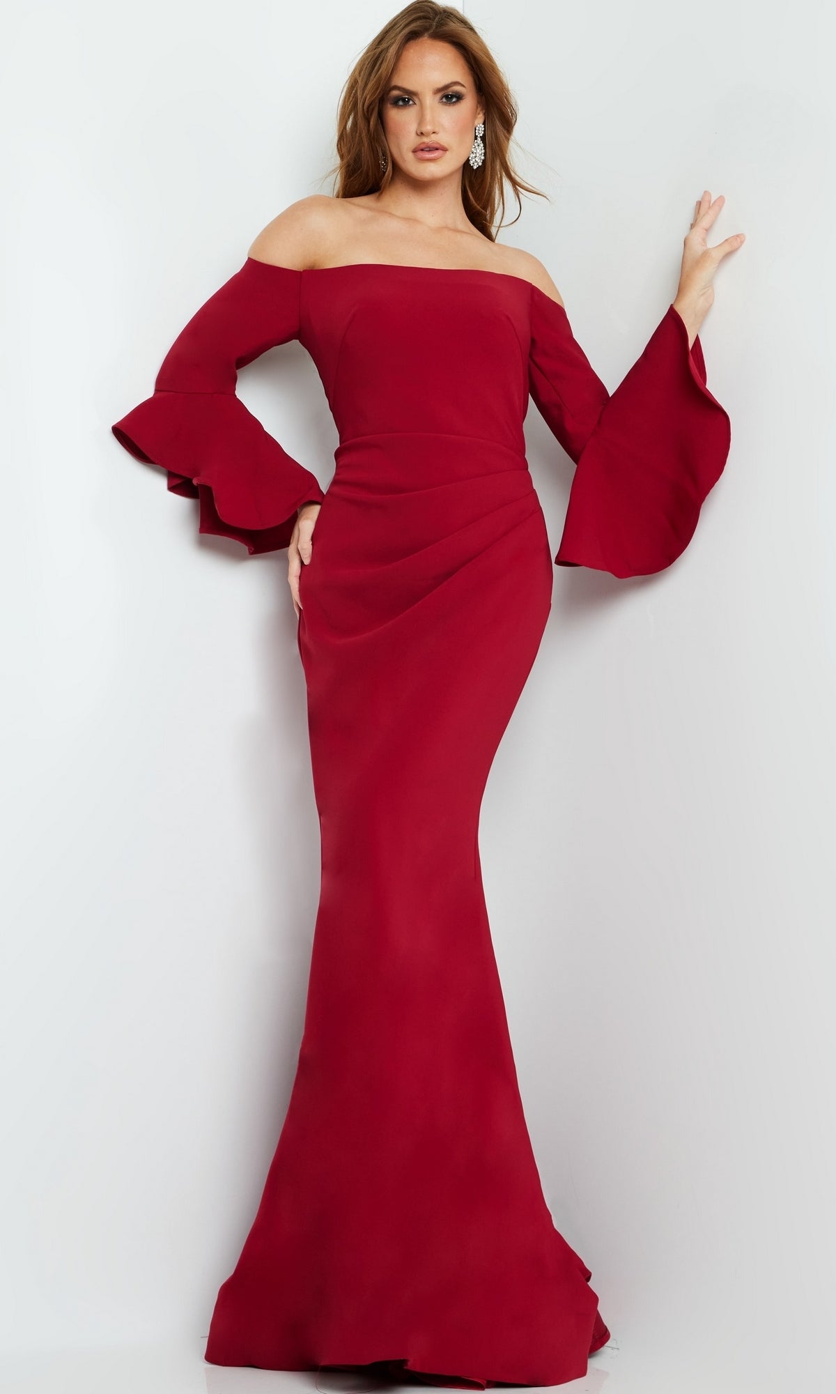 Jovani 07065 Off-The-Shoulder Bell-Sleeve Evening Gown Cranberry / 8