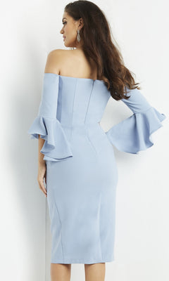 A woman stands with her back turned, wearing the Jovani 07066 short wedding guest dress—a fitted light blue off-the-shoulder style featuring flared ruffle sleeves and a flattering sheath silhouette.