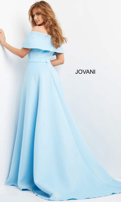 A woman wearing the Jovani 07443 Long Formal Dress—a light blue, off-shoulder, floor-length gown featuring a mermaid skirt and a long train—stands against a white background.