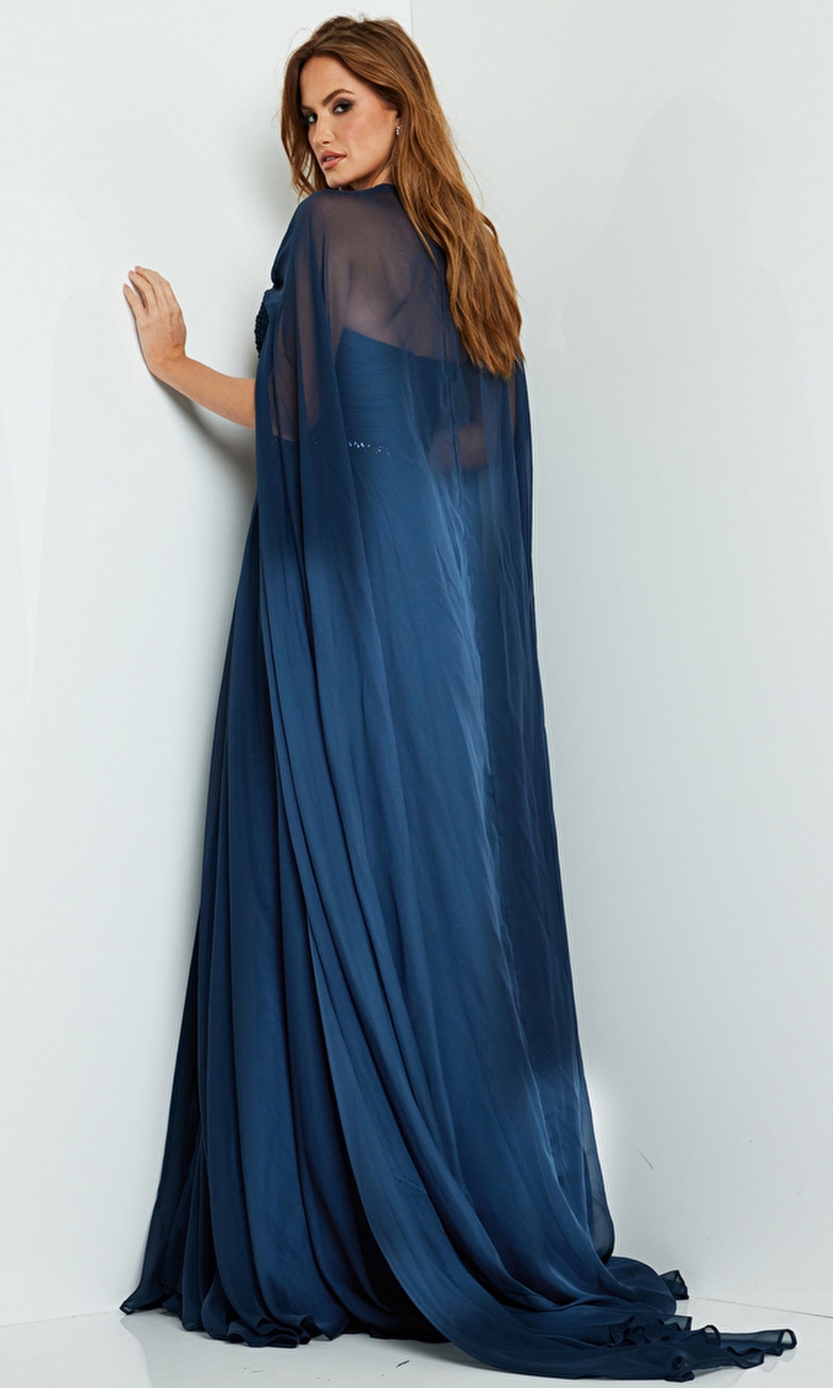 Navy Blue Caped-Sleeve Long Formal Dress 07928