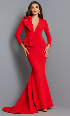 A woman stands against a plain gray background wearing the Long Formal Dress: Jovani 07934, a fitted red gown featuring a deep V neckline, ruffle detail on one shoulder, and long sleeves—an unforgettable choice for the mother-of-the-bride or anyone seeking a striking formal designer look.