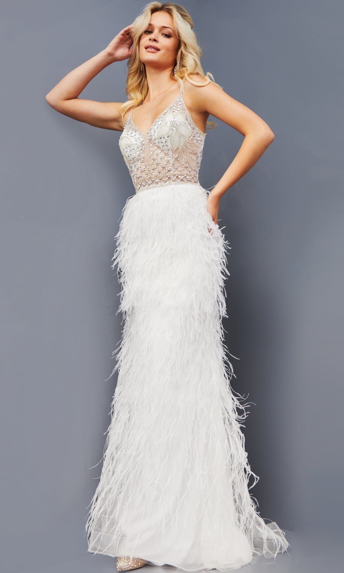 Sheer-Bodice Long Feather Formal Dress 08525