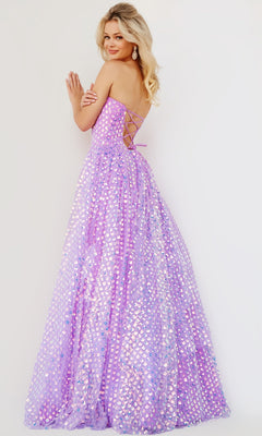 Woman wears the Jovani Strapless Sweetheart Long Prom Dress 08605, featuring iridescent sequins and a lace-up back, styled elegantly against a plain light background.
