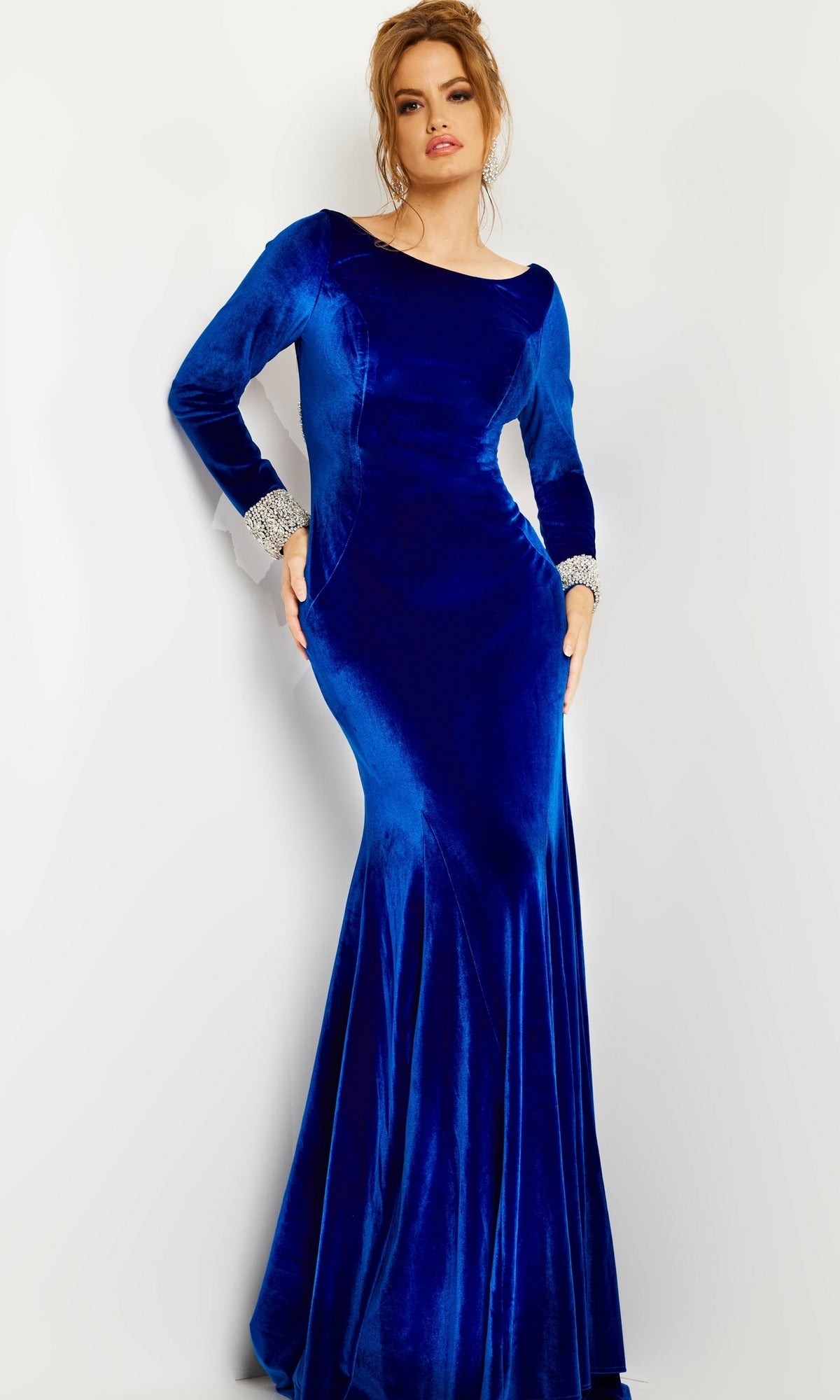 Blue Velvet Long Sleeve Long Formal Dress - PromGirl