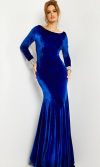 Royal Blue Open-Back Velvet Long Jovani Dress 09139