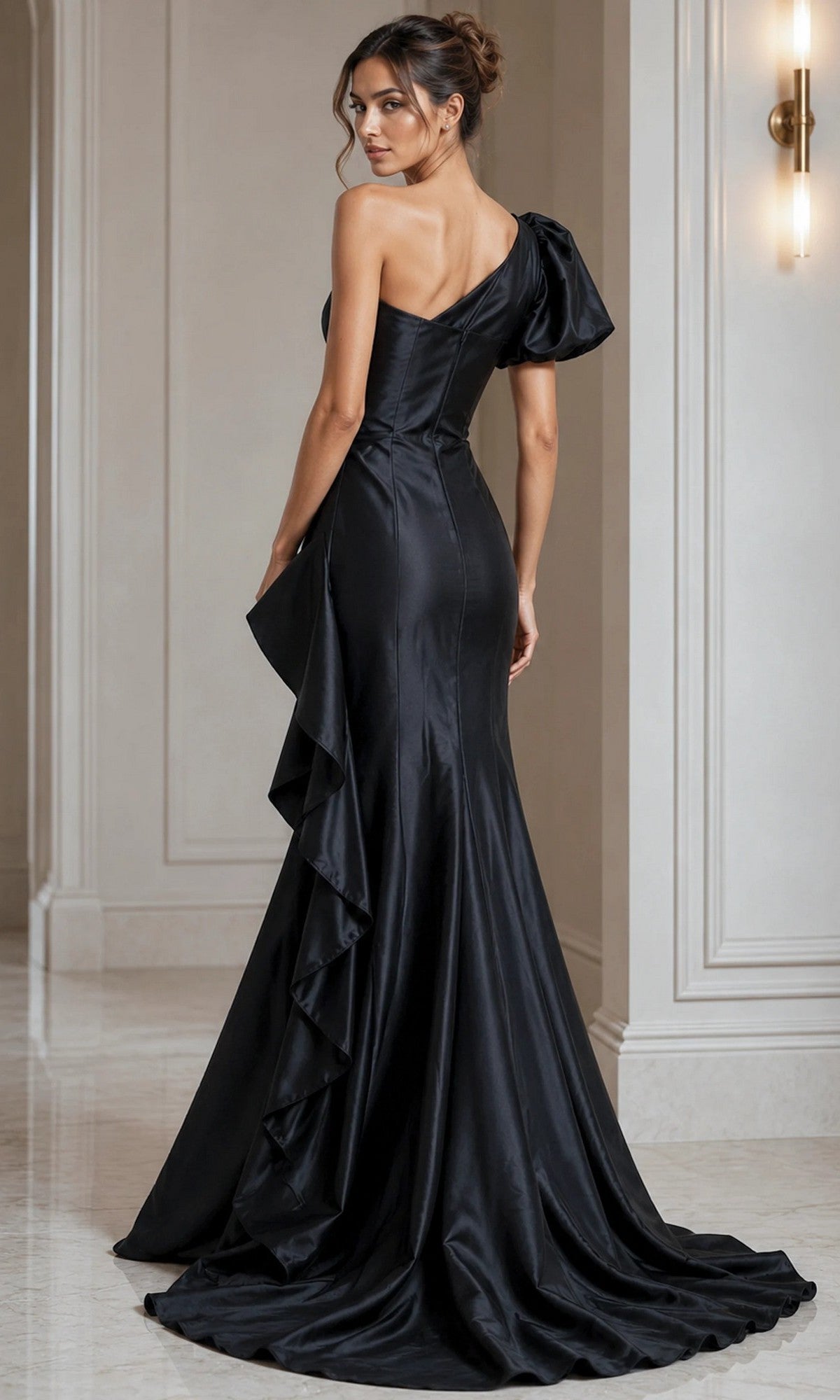 A woman stands in an elegant interior wearing the Jovani 09201 long formal dress—a fitted, black, one-shoulder gown featuring a ruffled side detail.