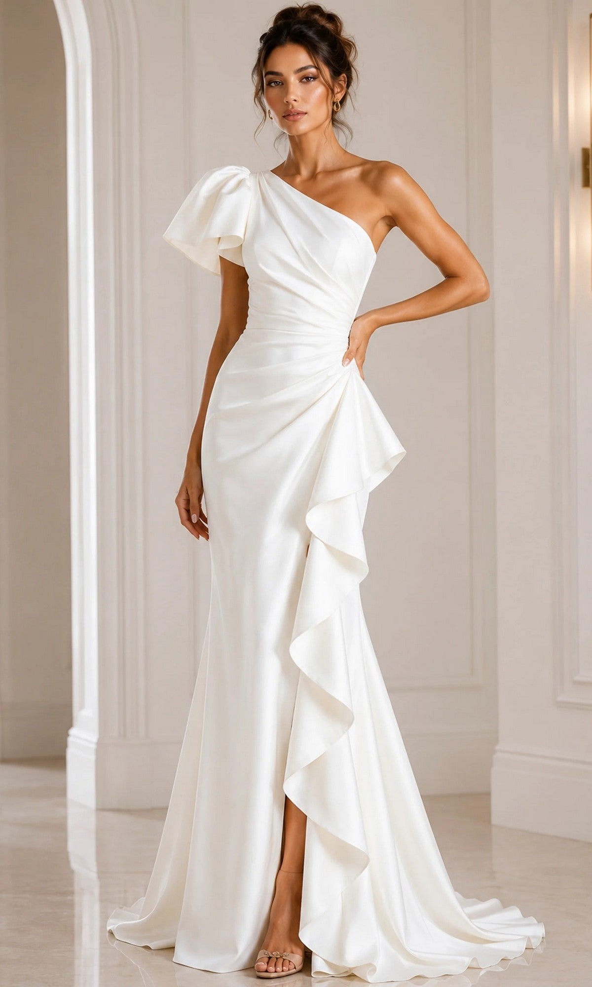 A woman wearing the Jovani 09201 long formal dress in white, featuring a one-shoulder design with ruffled detail, stands indoors against a light-colored wall and poses with one hand on her hip.