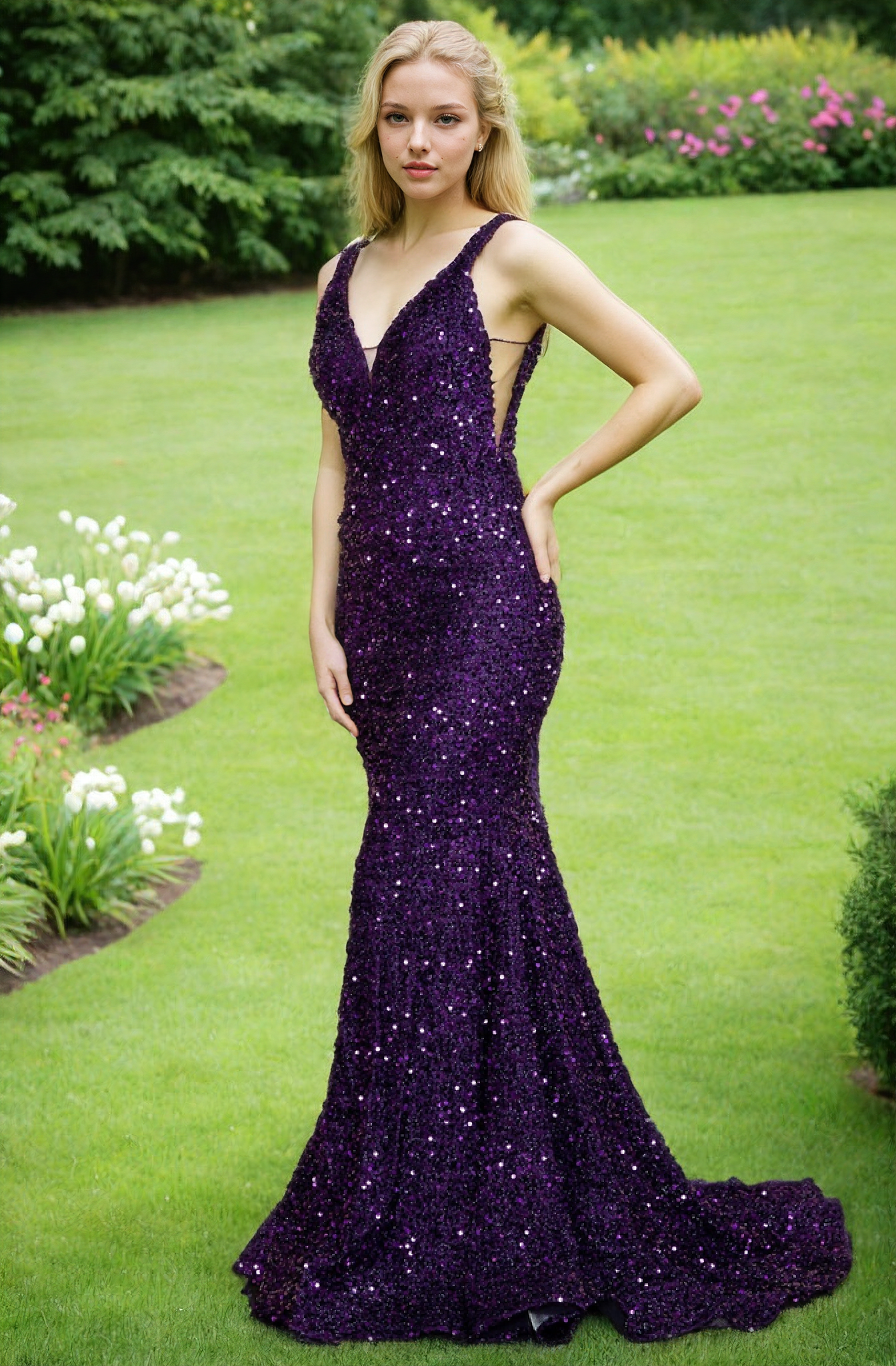 A woman stands on a lawn wearing the V-Neck Long Sequin Prom Dress 9108, a sleeveless, floor-length gown with a mermaid silhouette and shimmering purple sequins. White and pink flowers are in the background.