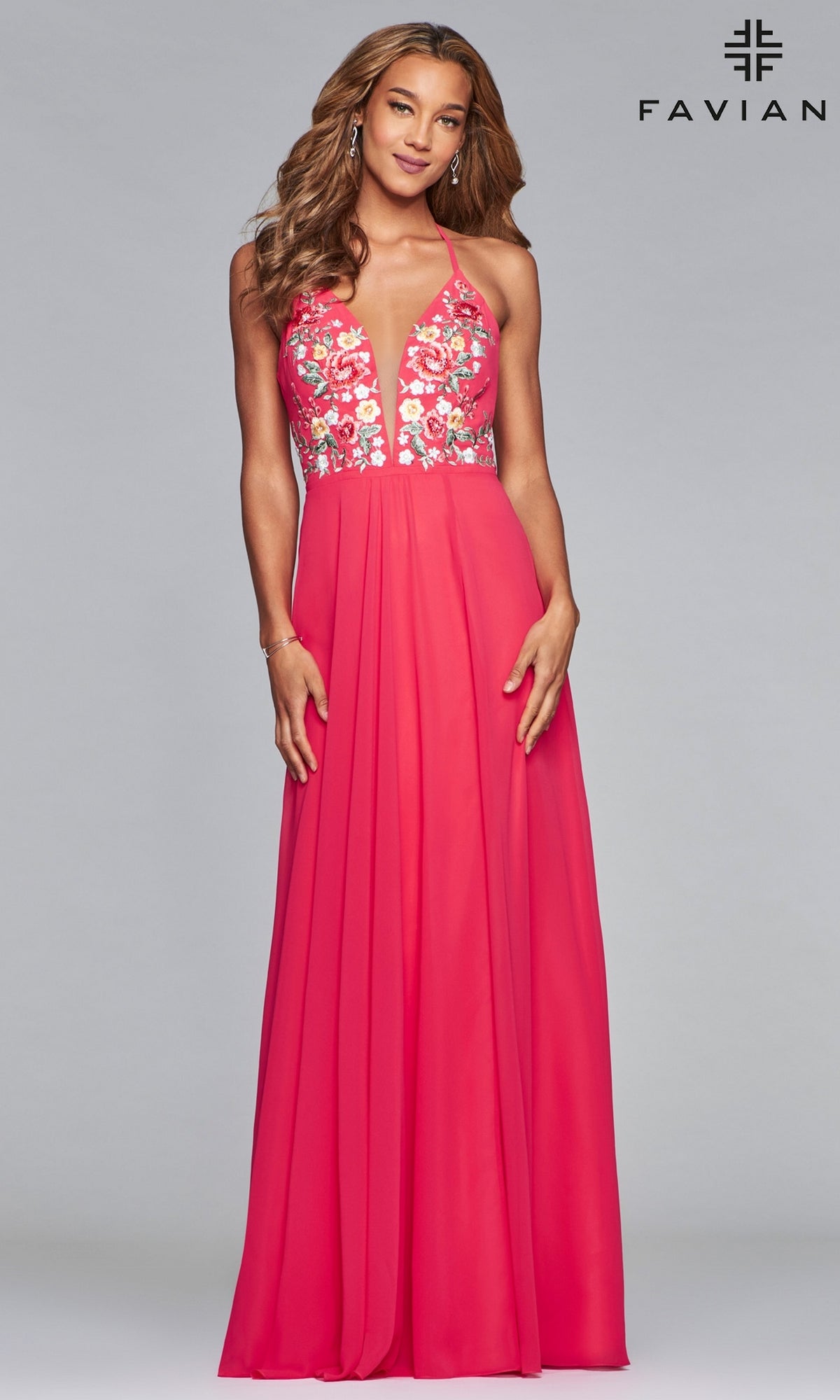 Long Chiffon Open-Back Embroidered Prom Dress