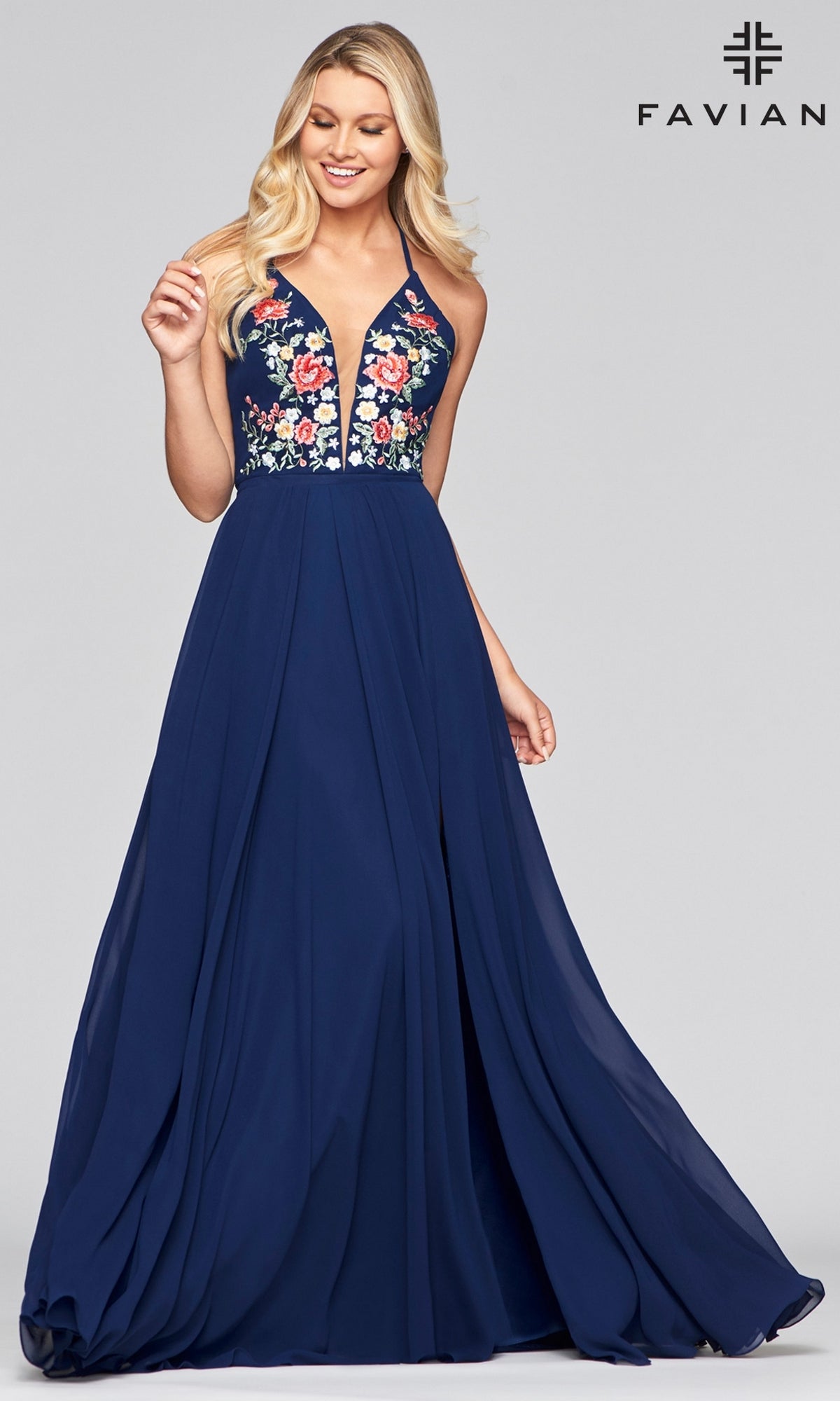 Long Chiffon Open-Back Embroidered Prom Dress