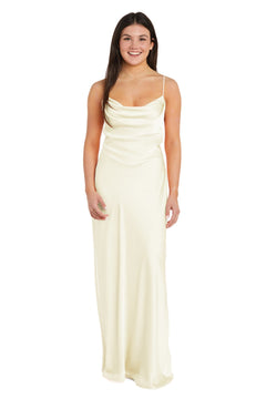 A woman faces forward, modeling the Morgan 10037N Cowl-Neck Long Satin Prom Dress—an affordable ivory gown with thin straps and a draped neckline—posed against a plain white background.